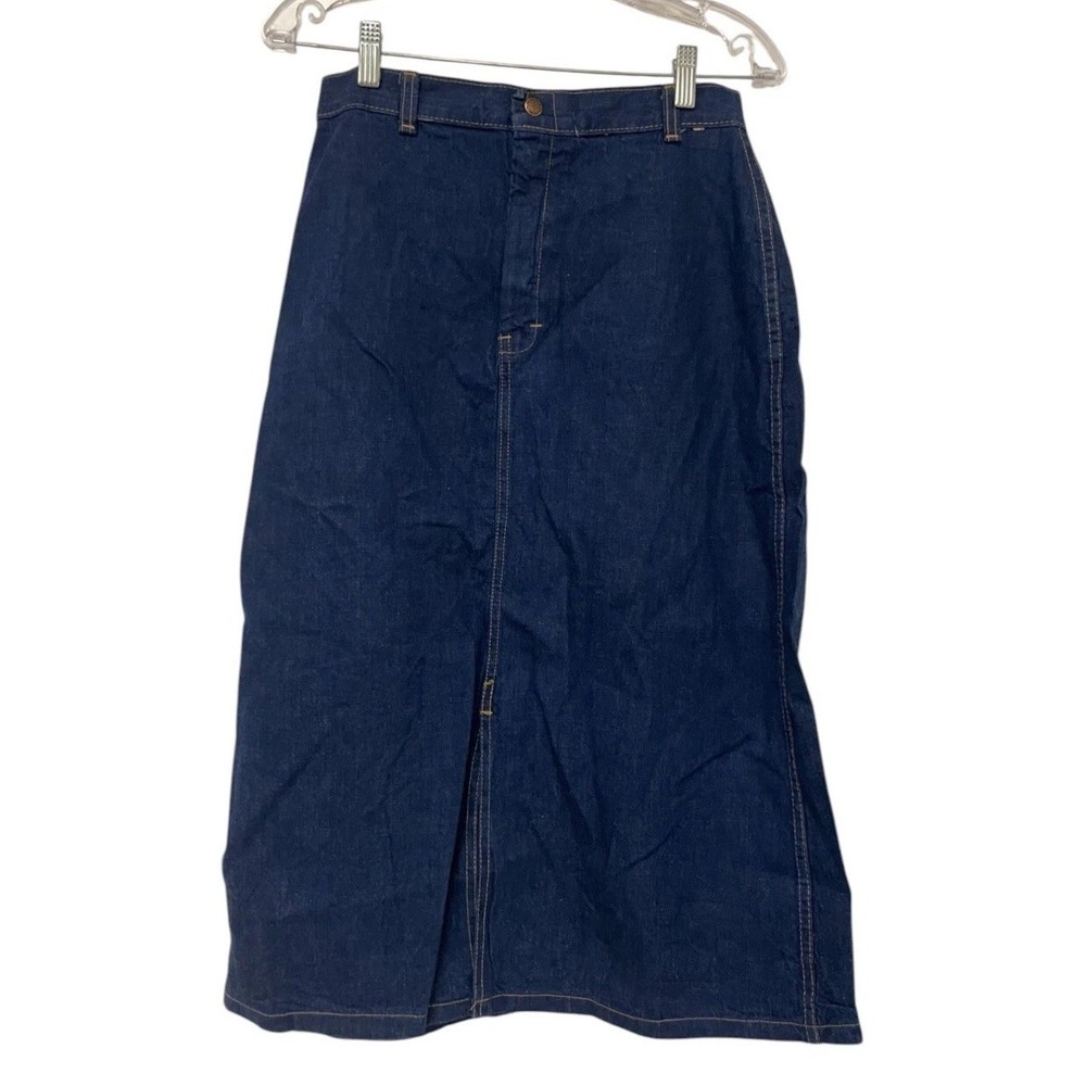 Zena Vtg Jean Skirt Womens Blue Denim Midi Front Slit A-Line 90s Y2K Minimalist